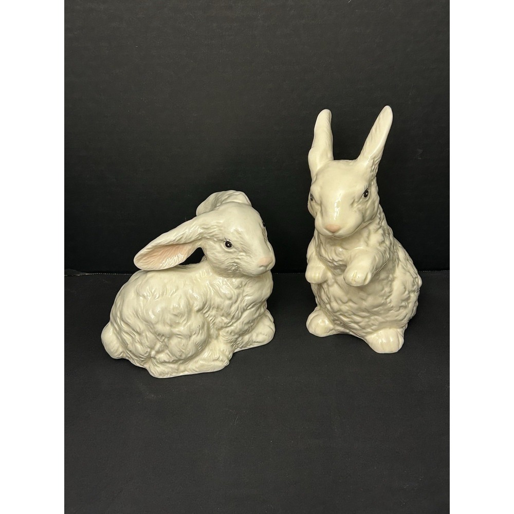 Vintage Ceramic Bunny Rabbit Figurines Set of 2 Easter Spring Farmhouse Cottage